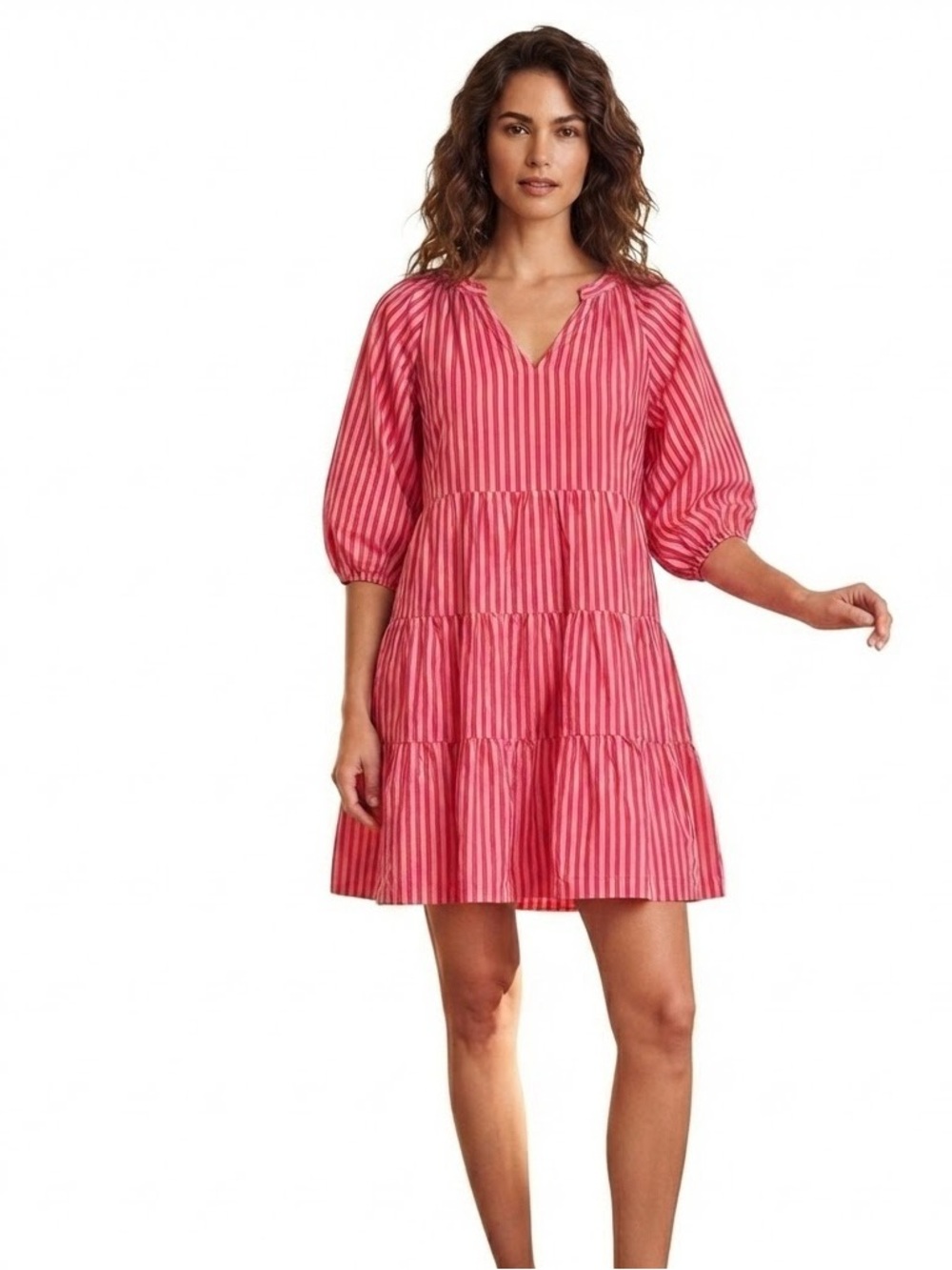 Printfresh Women's Dress Size M Red Pink Striped Organic Cotton Tiered